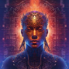 Portrait of a futuristic cyborg man on a glowing digital background