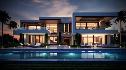 3d rendering of modern cozy house with pool and parking for sale or rent in luxurious style and...