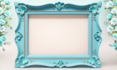 Floral frame with blue roses on white background.