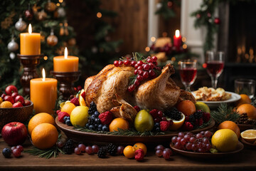 Obraz na płótnie Canvas Table with christmas turkey decorated with fruits