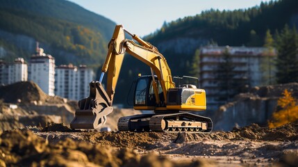 A working excavator on a construction site with a blue sky background - obrazy, fototapety, plakaty