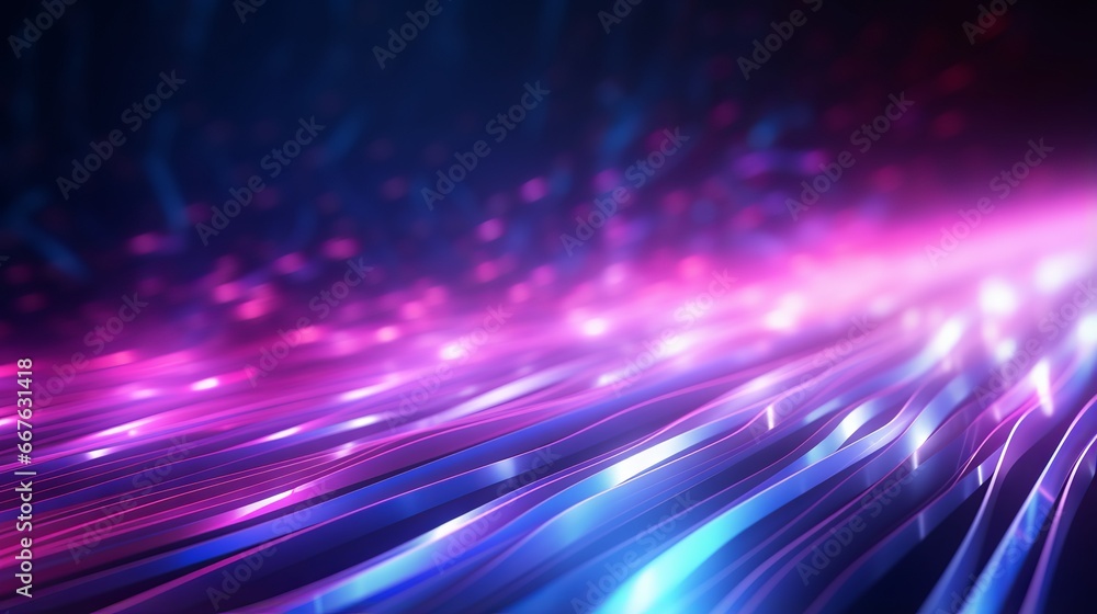 Poster pink and blue neon lines with bokeh lights on dark background. abstract digital art for data transfe
