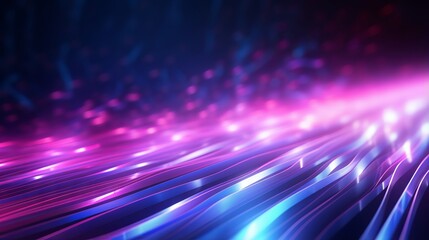 Pink and blue neon lines with bokeh lights on dark background. Abstract digital art for data transfer and technology concepts.