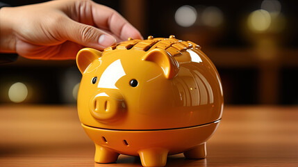 Fantasy Hand Putting Coin into Piggy Bank on Focused Foreground Yellow Background