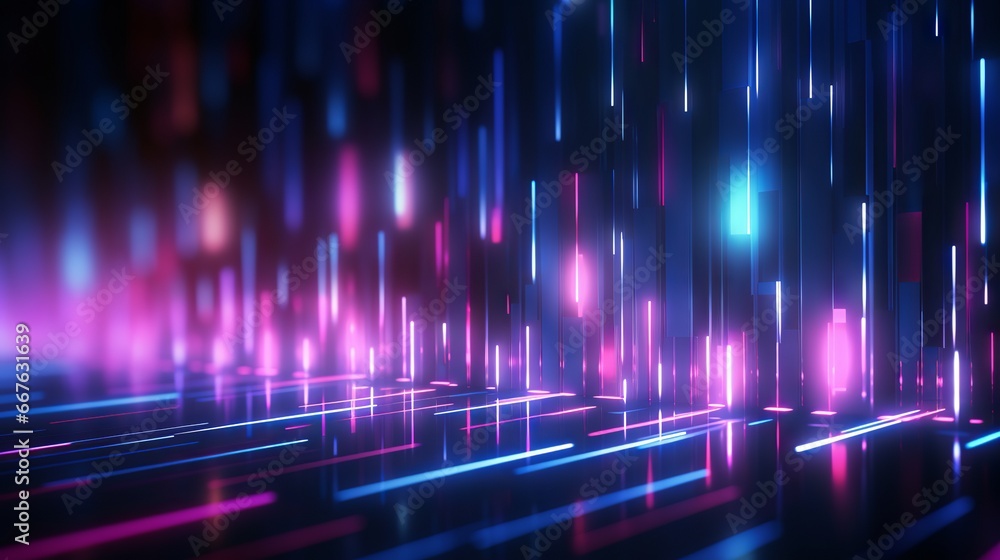 Poster pink and blue neon lines with bokeh lights on dark background. abstract digital art for data transfe
