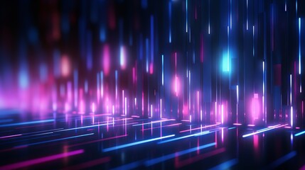 Pink and blue neon lines with bokeh lights on dark background. Abstract digital art for data transfer and technology concepts.