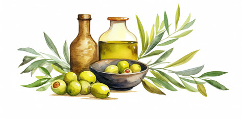 Fresh Organic Green Ripe Olives with Oil Jar Watercolor Painting on White Background