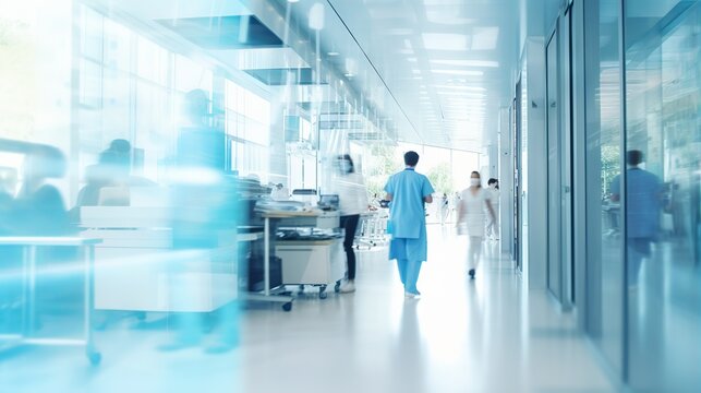 Abstract blurred image of medical professionals and patients in hospital or clinic for health care and science concept