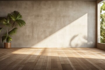 An empty room with a concrete floor, wood plank wall, tropical landscape in the background, and sunlight. Generative AI