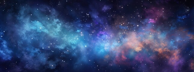 Fototapeta na wymiar Night sky with stars. Universe filled with clouds, nebula and galaxy. Landscape with gradient blue and purple colorful cosmos with stardust and milky way. Magic color galaxy, space background