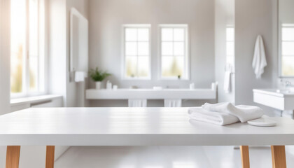 Empty white table in clean bathroom with copy space - obrazy, fototapety, plakaty