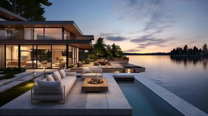 Luxury house on the lake with swimming pool at sunset.