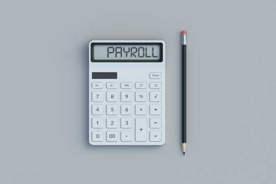 Word payroll on calculator screen. Earnings calculation and analysis. Business concept. Financial accounting. Summary report. Wages and salary. Reward and compensation for work done. 3d render