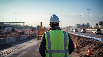 Civil engineer inspecting road construction work and supervising expressway project - obrazy, fototapety, plakaty