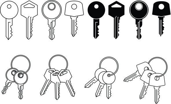 Set of keys and  key chain vector illustration. Keys silhouettes