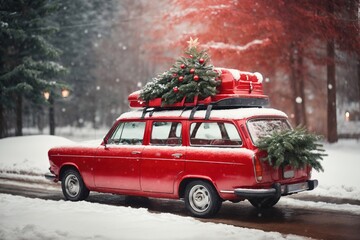 Red retro car with gift box and christmas tree on top in holiday postcard style with snowflakes. Merry christmas and happy new year concept. AI generated