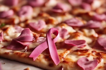 Breast cancer awareness month in October. Realistic pink ribbon symbol Pizza Food.	