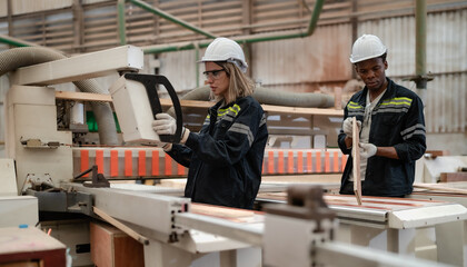 Confident female worker standing in lumber warehouse of hardwood furniture factory inspecting...