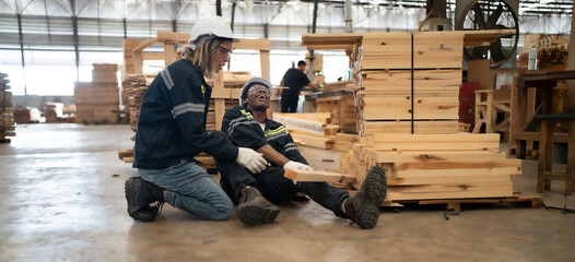 Foreman technician injured at leg from accident crying with pain in warehouse. Female engineer...