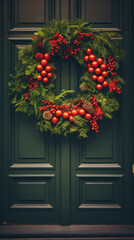 Christmas wreath on the door of a house in winter.
