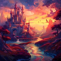 Magic fantasy landscape with castle on the bank of the river. Illustration