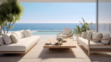Panoramic view of modern living room with swimming pool and sea view