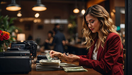 A blonde banker checks cash and credit cards - obrazy, fototapety, plakaty