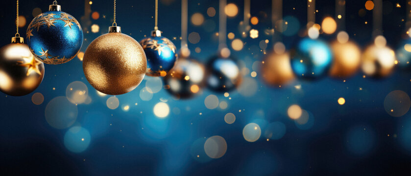 Christmas and New Year background with golden and blue balls.