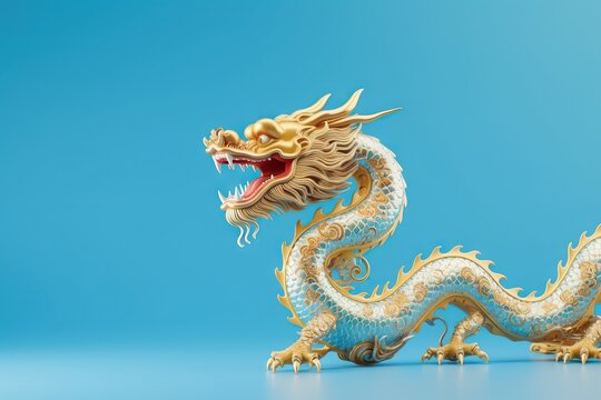 Golden Chinese dragon on light blue background. The year of the dragon in China and Eastern Asia. Constellation symbol for greeting card, flyer, invitation, poster, banner, calendar