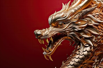 Golden Chinese Dragon on red background. The year of the Dragon in China and Eastern Asia. One of the Chinese zodiac signs. New Year of the Dragon 2024