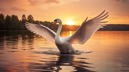 Graceful swan at Sunset - obrazy, fototapety, plakaty