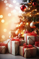 Christmas gift boxes and christmas tree on bokeh background.