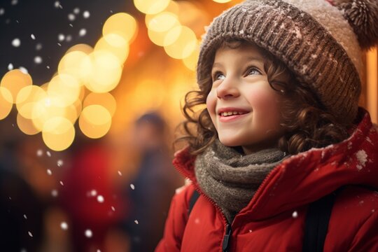 portrait of a cute white dreamy child kid looking happy and content on winter holidays at the christmas market, fairy lights, snow and bokeh in the background