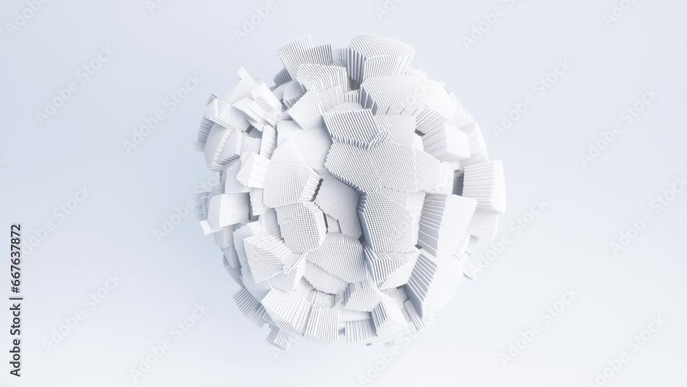 Poster abstract spherical shape with moving blocks. 3d animation.