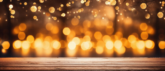Wooden table in front of bokeh background. Christmas New Year concept.
