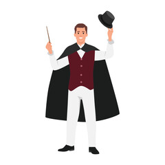 Young Magician with his magic wand. Flat vector illustration isolated on white background