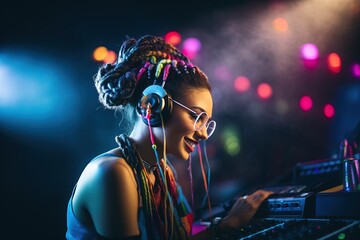 Fototapeta na wymiar portrait of a female dj playing in a nightclub