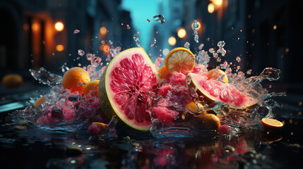 Water Splashing on Group of Delicious Fresh Green Watermelon and Slices Background Selective Focus