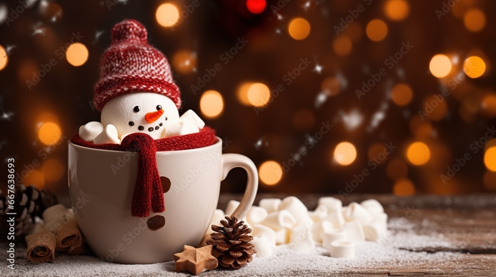 Wall mural Close up mug with hot chocolate with melted marshmallow snowman, christmas winter decorations background, generative ai