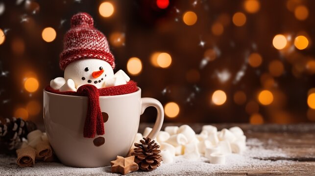 Close up mug with hot chocolate with melted marshmallow snowman, christmas winter decorations background, generative ai