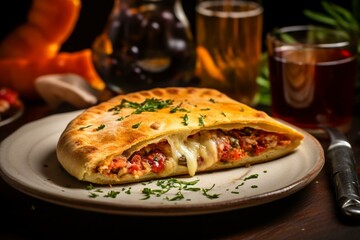 An Italian calzone on a plate. A tasty and traditional dish. Generative AI