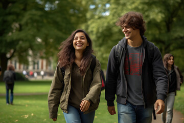A woman and a man, sharing a close and enduring friendship, stand together in the midst of a serene green park, where nature and a wholesome environment prevail. Generative AI.