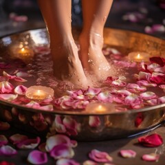 A woman's feet in a bowl of rose petals and candles, AI
