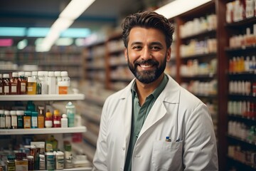 handsome short brown hair and bearded happy magister male wearing White medical coat and checking the stock of medicine on the shelves in the pharmacy. Generative Ai.