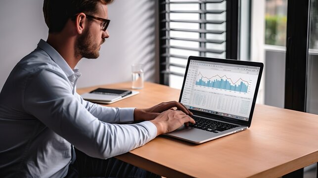 Business data analytics: man boosting sales and revenue with laptop and growing graph