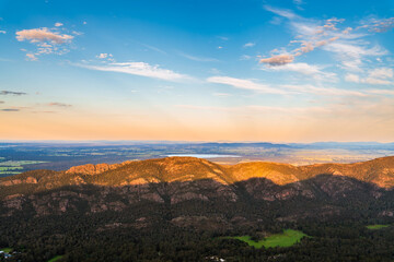 Beautiful Grampians National Park mountains viewed from Pinnacle lookout at sunset time, Halls Gap,...