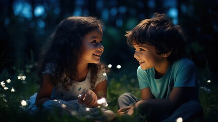 Two cute children smiling laughing looking at each other friendship communication concept