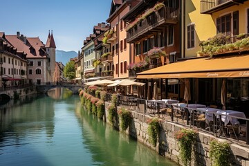 View of quay and residential buildings along the Thiou River in Annecy, France. Generative AI - obrazy, fototapety, plakaty