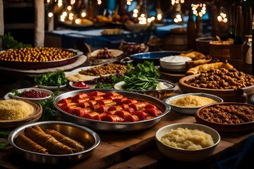 the enchanting sight of a rustic Greek village feast, with long tables laden with an array of traditional dishes like dolmades, moussaka, and baklava