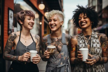 group of diverse tattooed trans woman drinking coffee smiling in the city  - obrazy, fototapety, plakaty